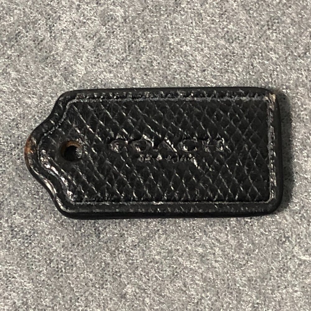 COACH NEW YORK Black Pebbled Leather Brass Fob Bag Charm Keychain Hang Tag